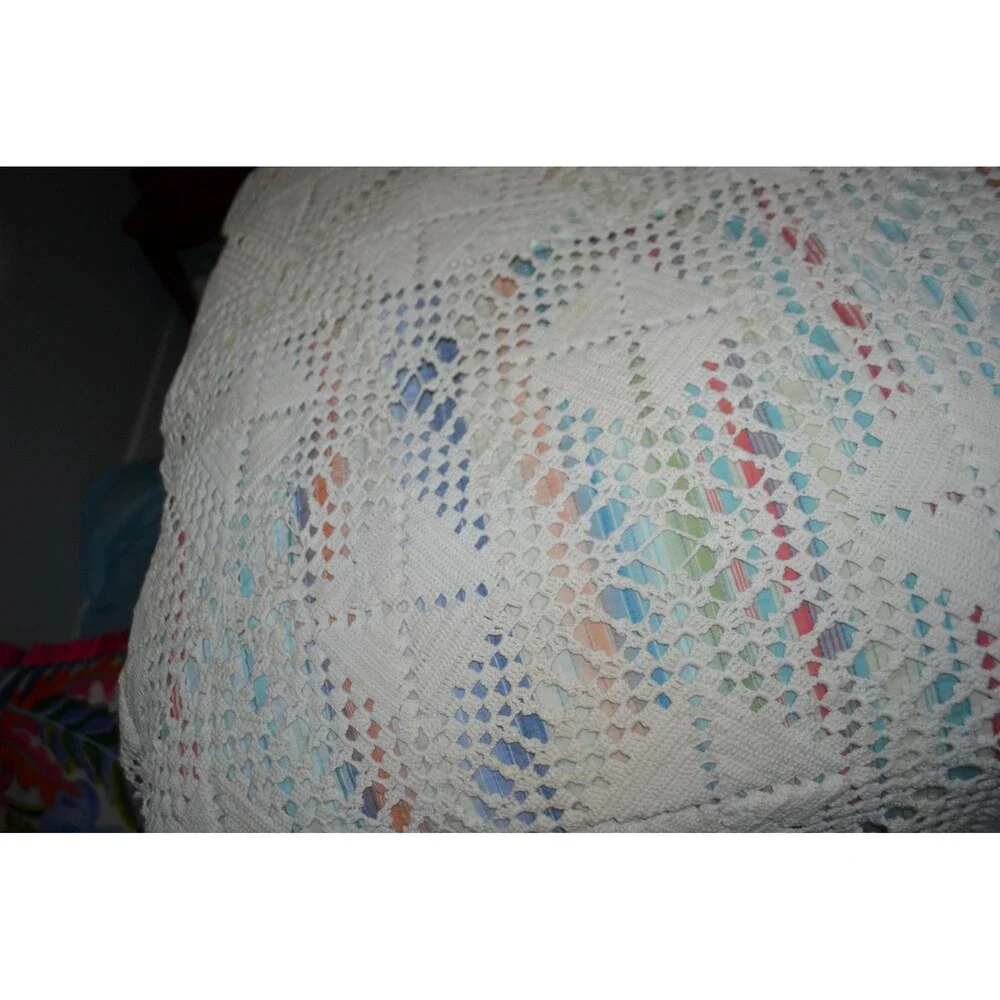 Vintage Crochet Bed Cover Twin Filet Border Cottagecore Shabby Chic Timeless